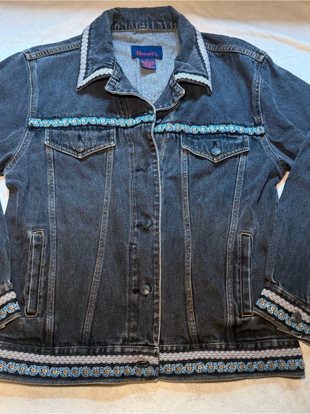 Denim & Co. Embellished Black Denim Jacket Lace Floral Trim Boho